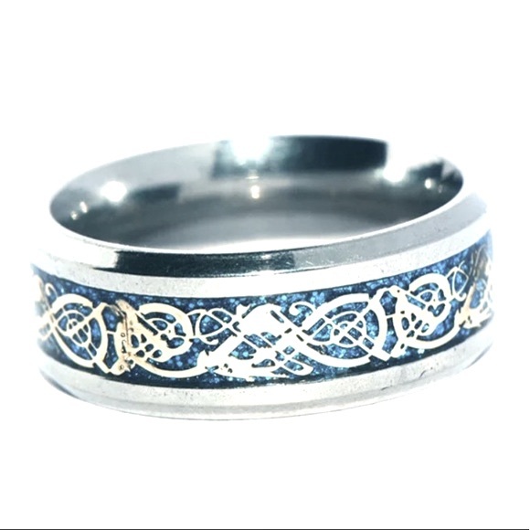 Dragon Tribal Silver Design With Blue Background Silver Band And Beveled Edge - Picture 2 of 5
